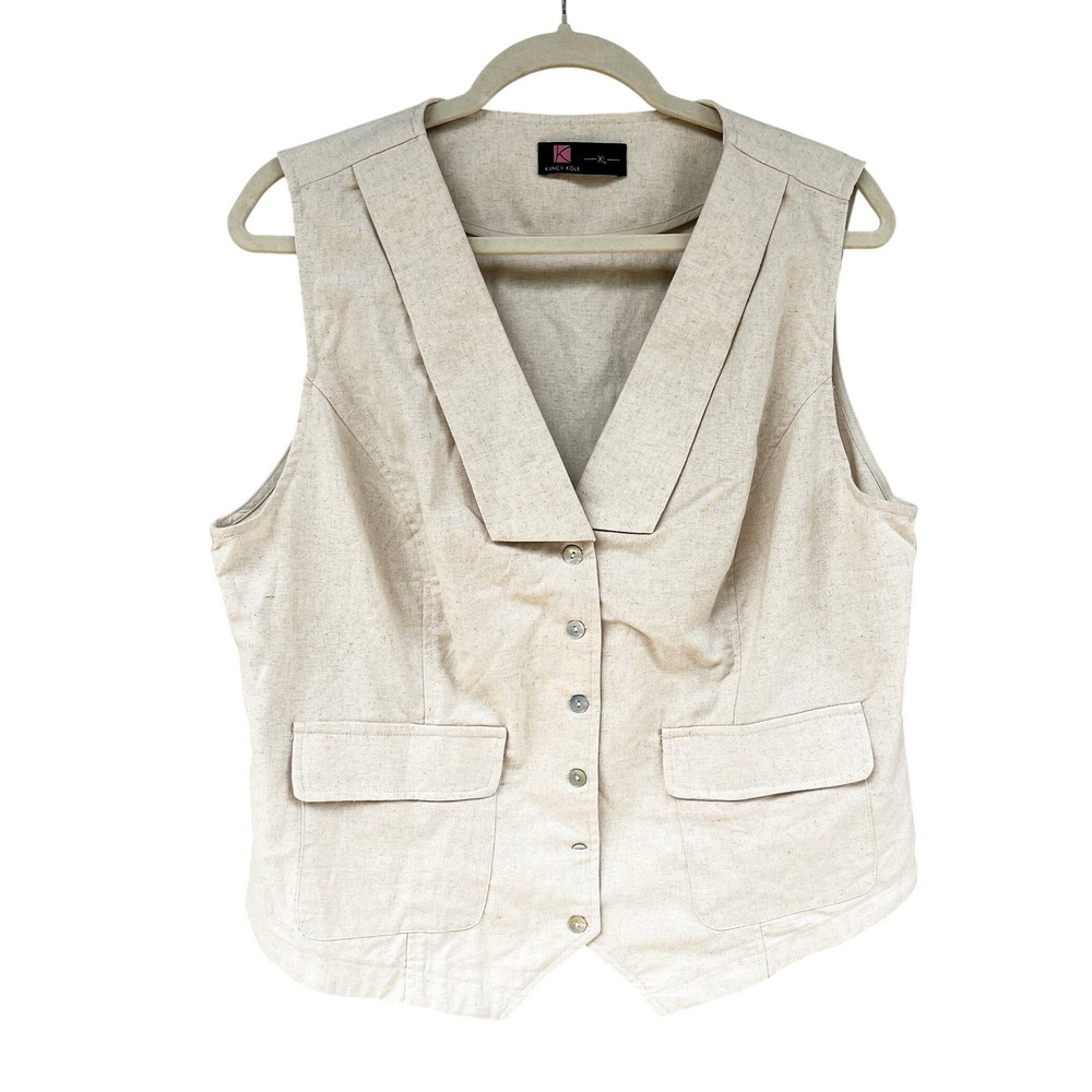 Kancy Kole Women XL Linen Blend Vest Oatmeal Beige Lace Up Cottagecore Y2k Beach